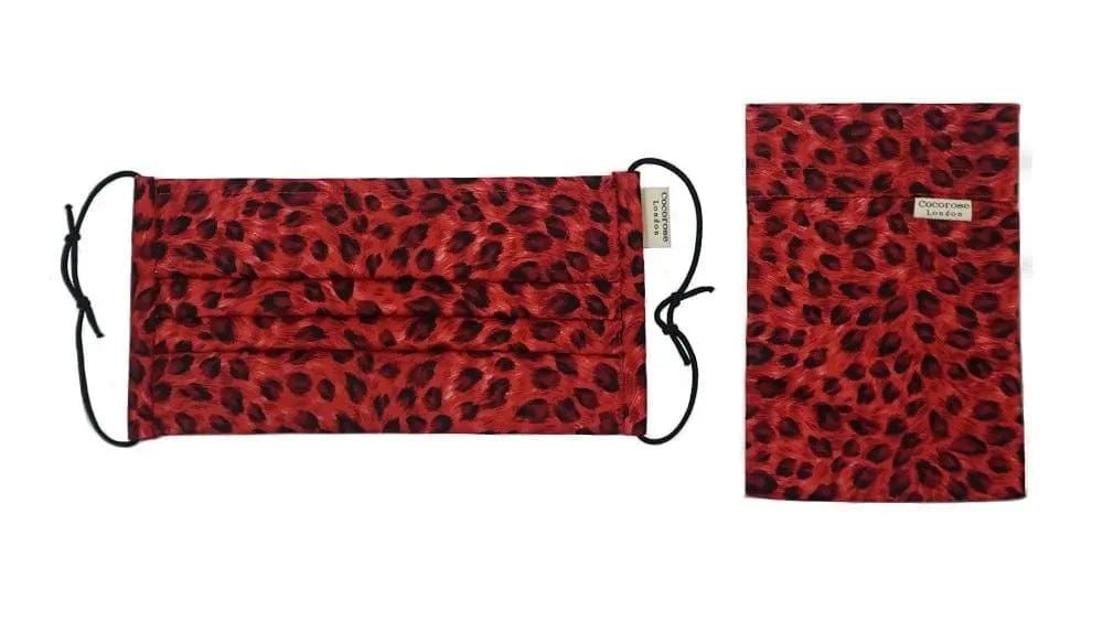 Pleated Cotton Face Mask with Nose Wire and Matching Pouch - Leopard Print Red