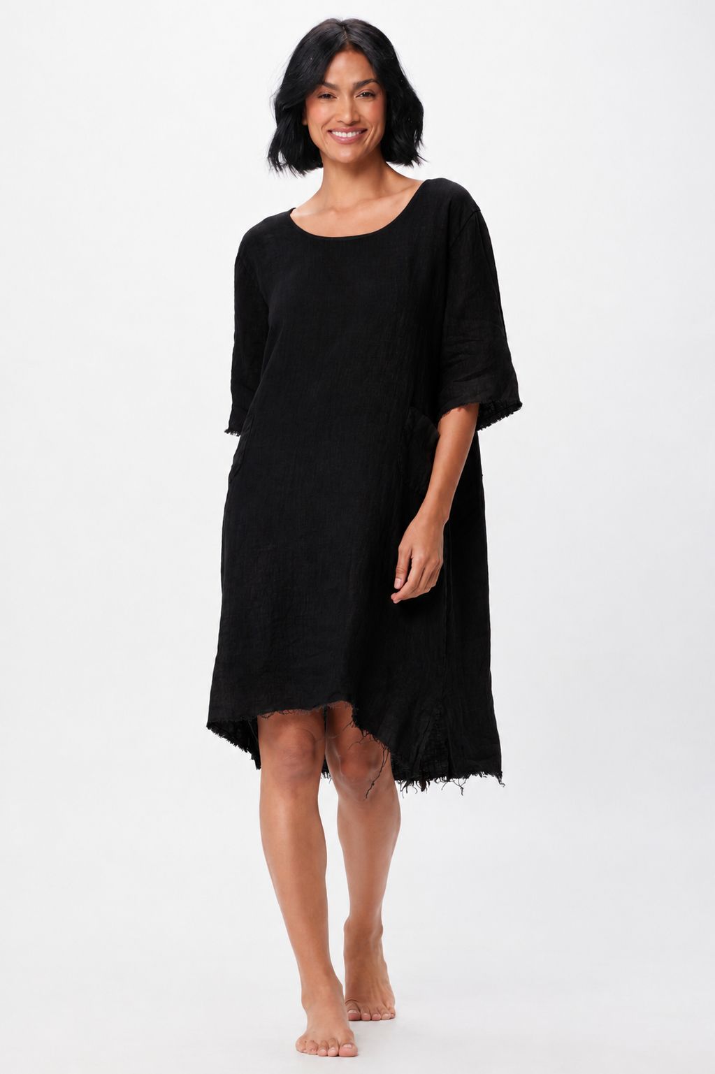 Sterling Linen Fringed Hem Hi Lo Midi Dress