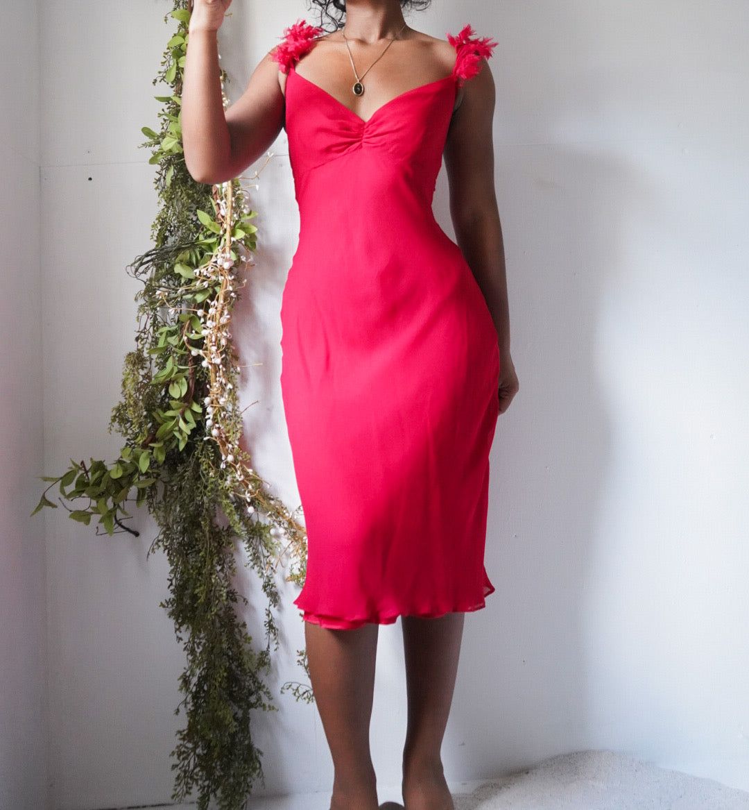Y2K Red Silk Feather Strapless Dress