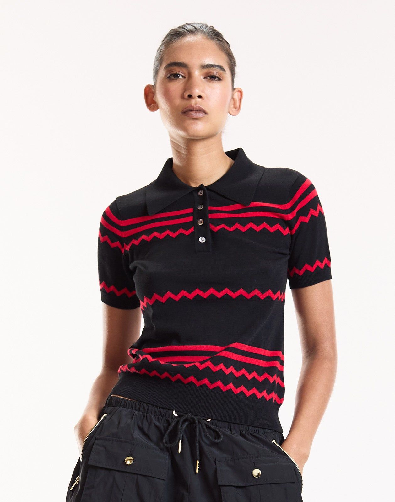 INTARSIA KNIT CROPPED POLO SHIRT
