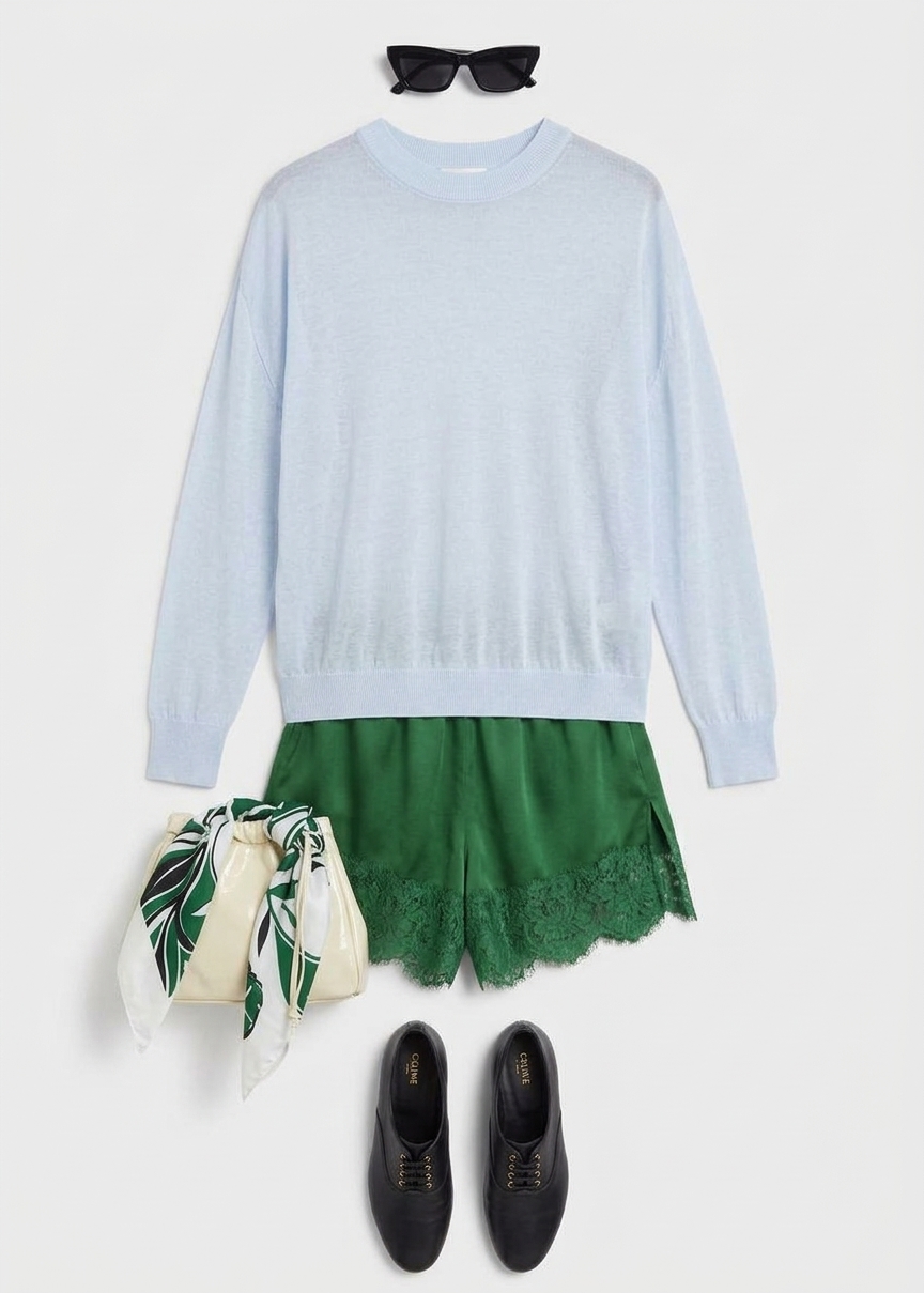 Albesa Satin Lace Trim Shorts - Kelly Green