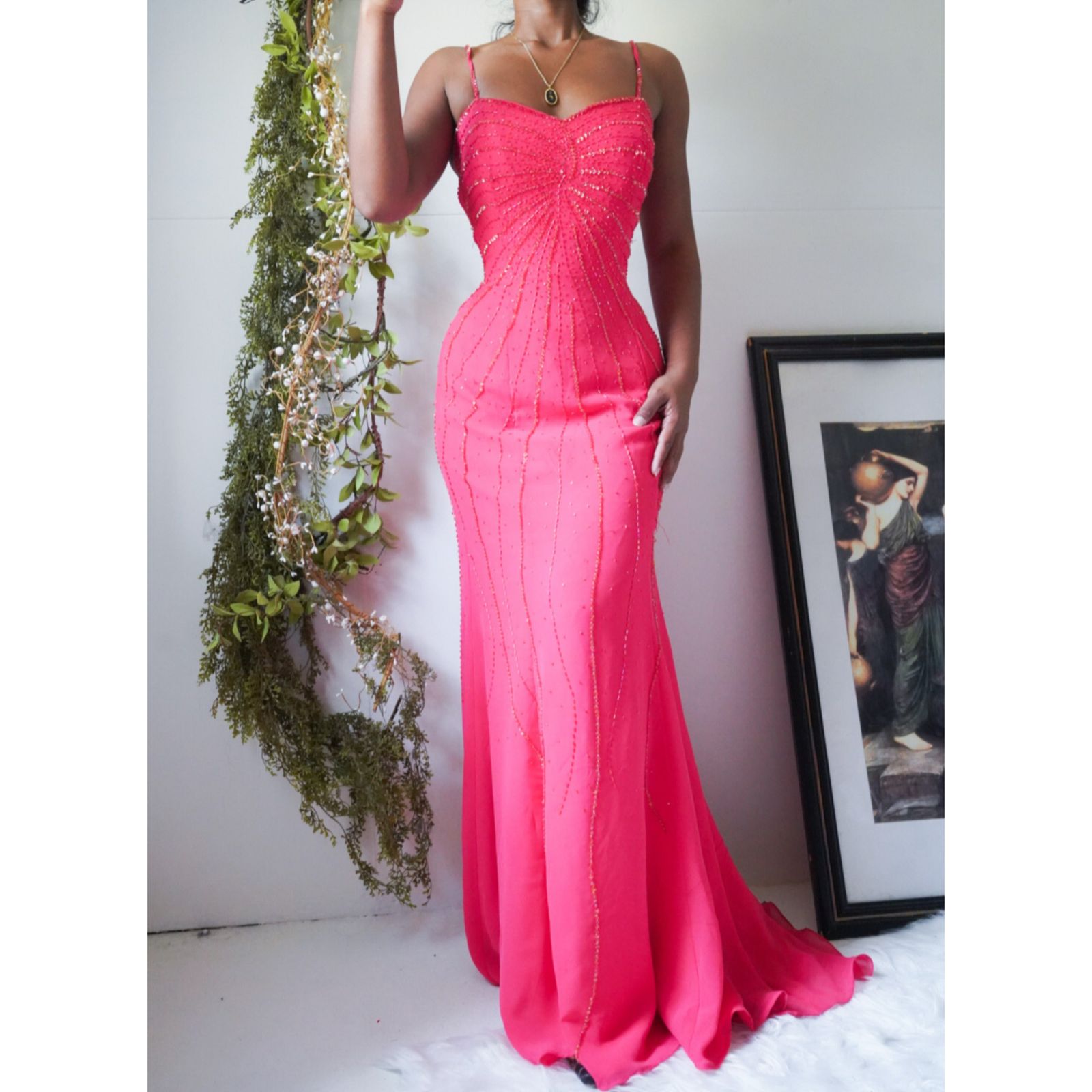 Bright Coral Beaded Silk Gown