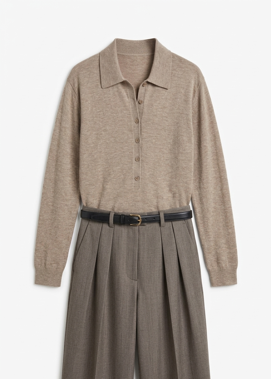 Tala Knit V-neck Polo - Taupe Melange