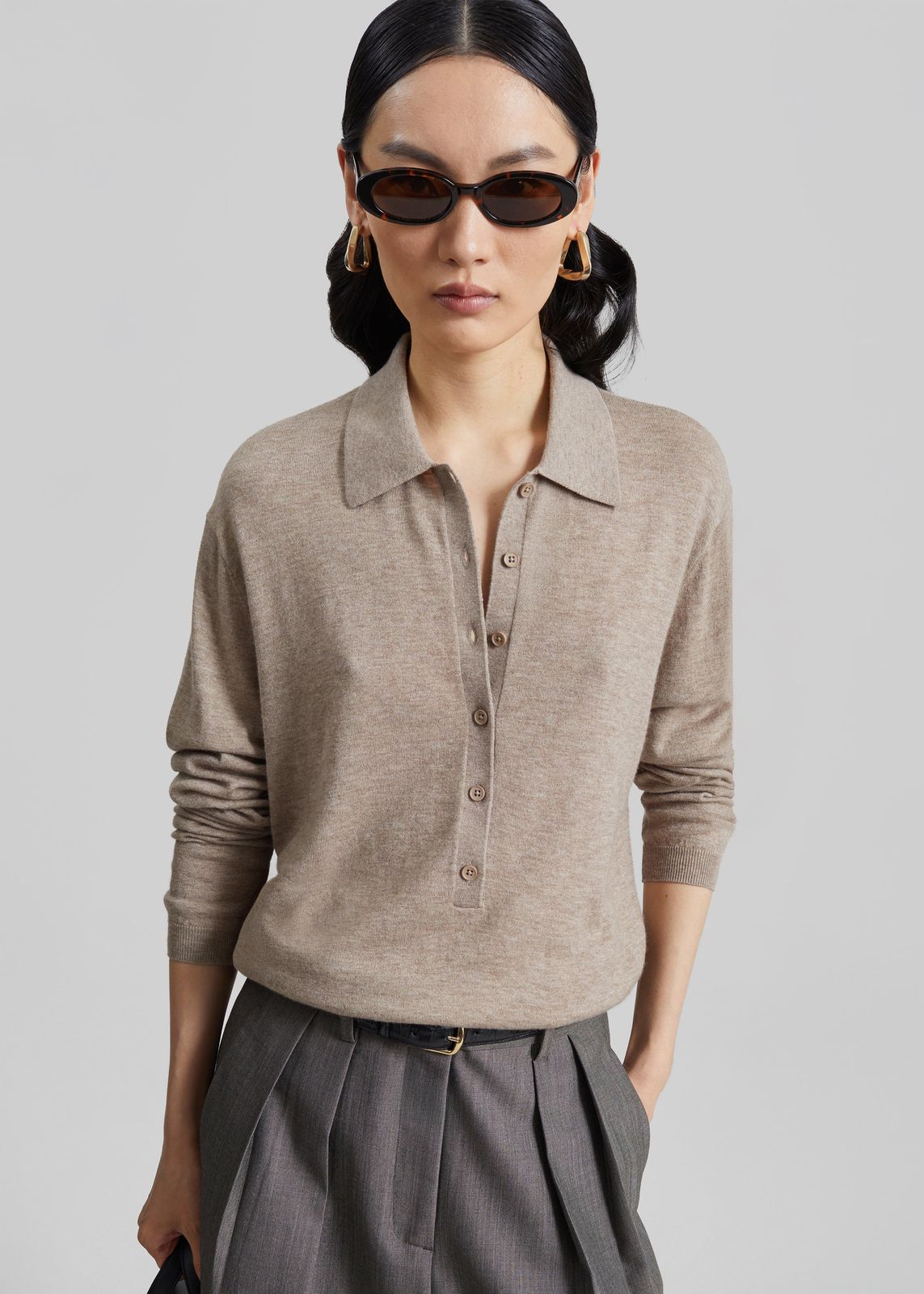 Tala Knit V-Neck Polo - Taupe Melange
