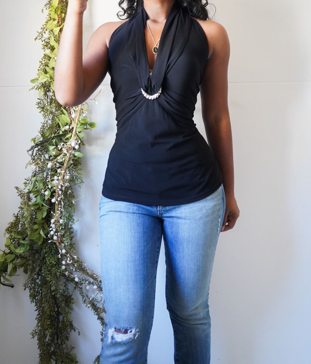 Y2K Black Halter Rhinestone Detail Top