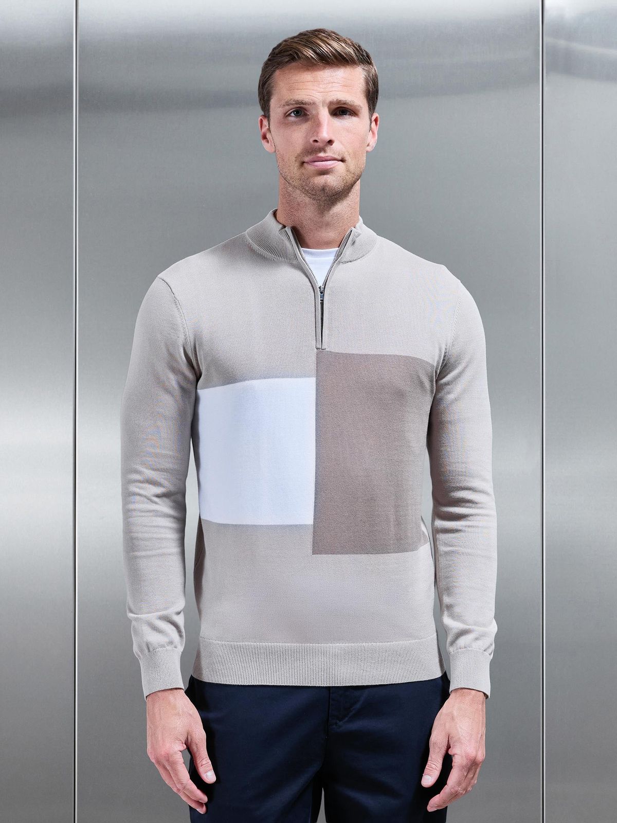 Cotton Knitted Colour Block Half Zip in Stone