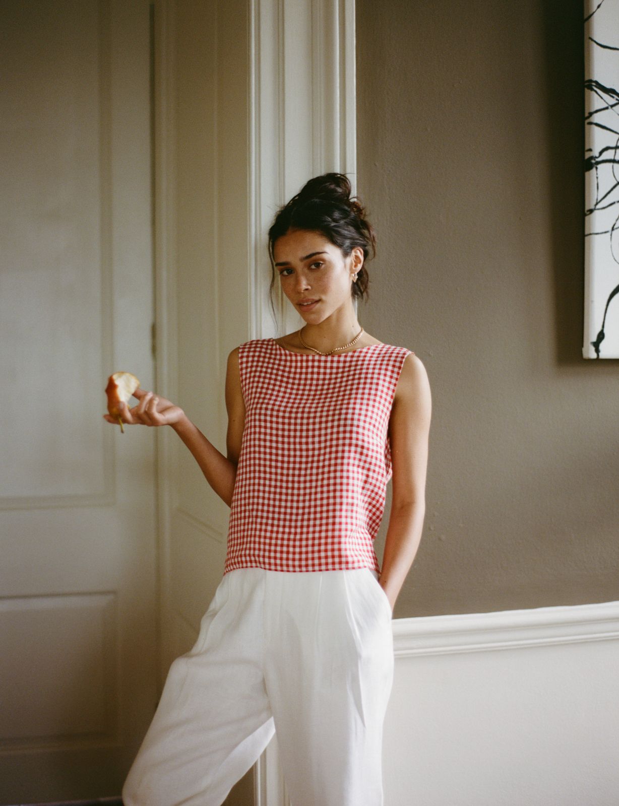 Jackie Top: Linen, Post Box Red Gingham