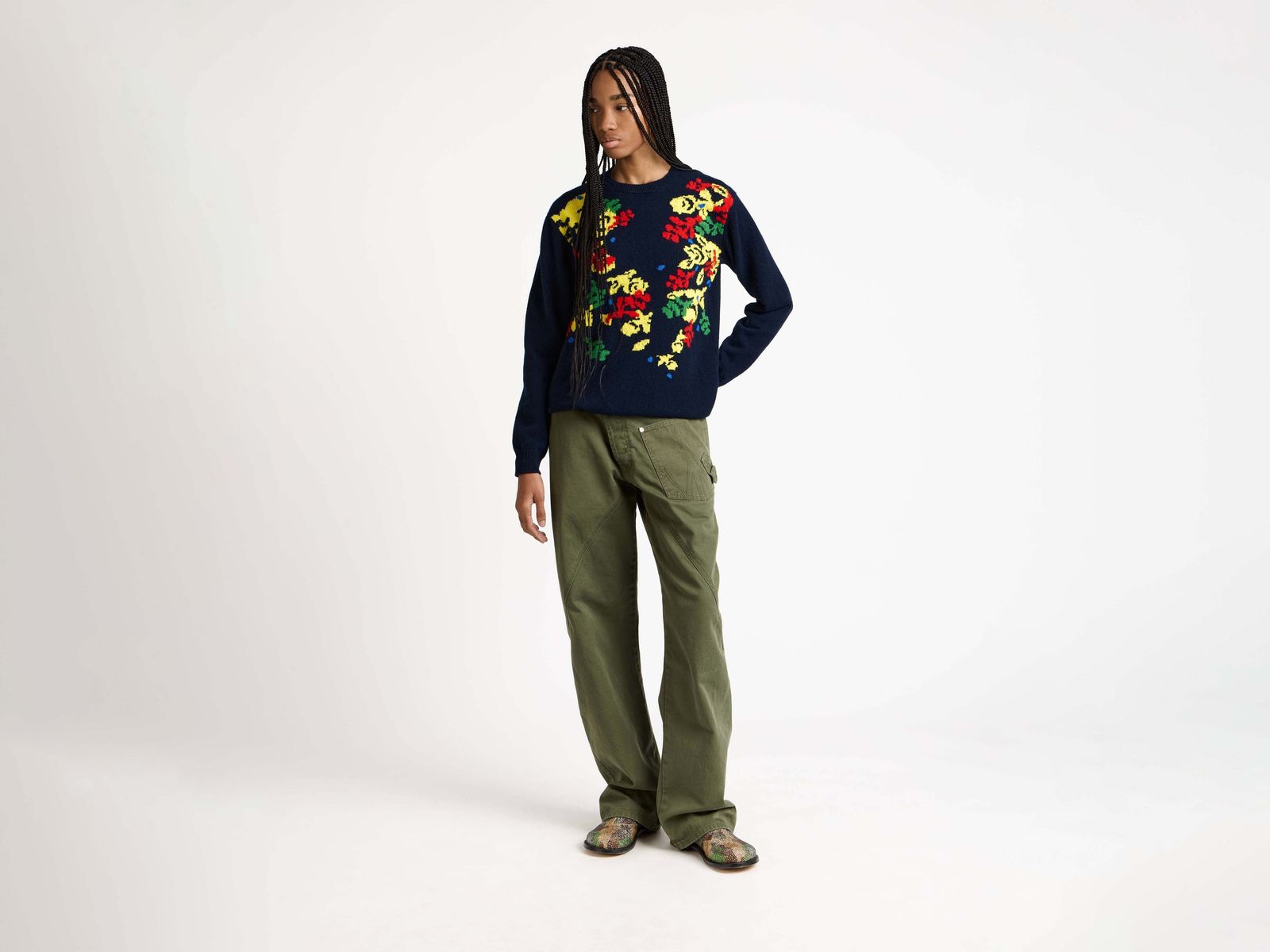 WOMENS JW ANDERSON X PRINGLE FLORAL CREW NECK JUMPER IN NAVY
