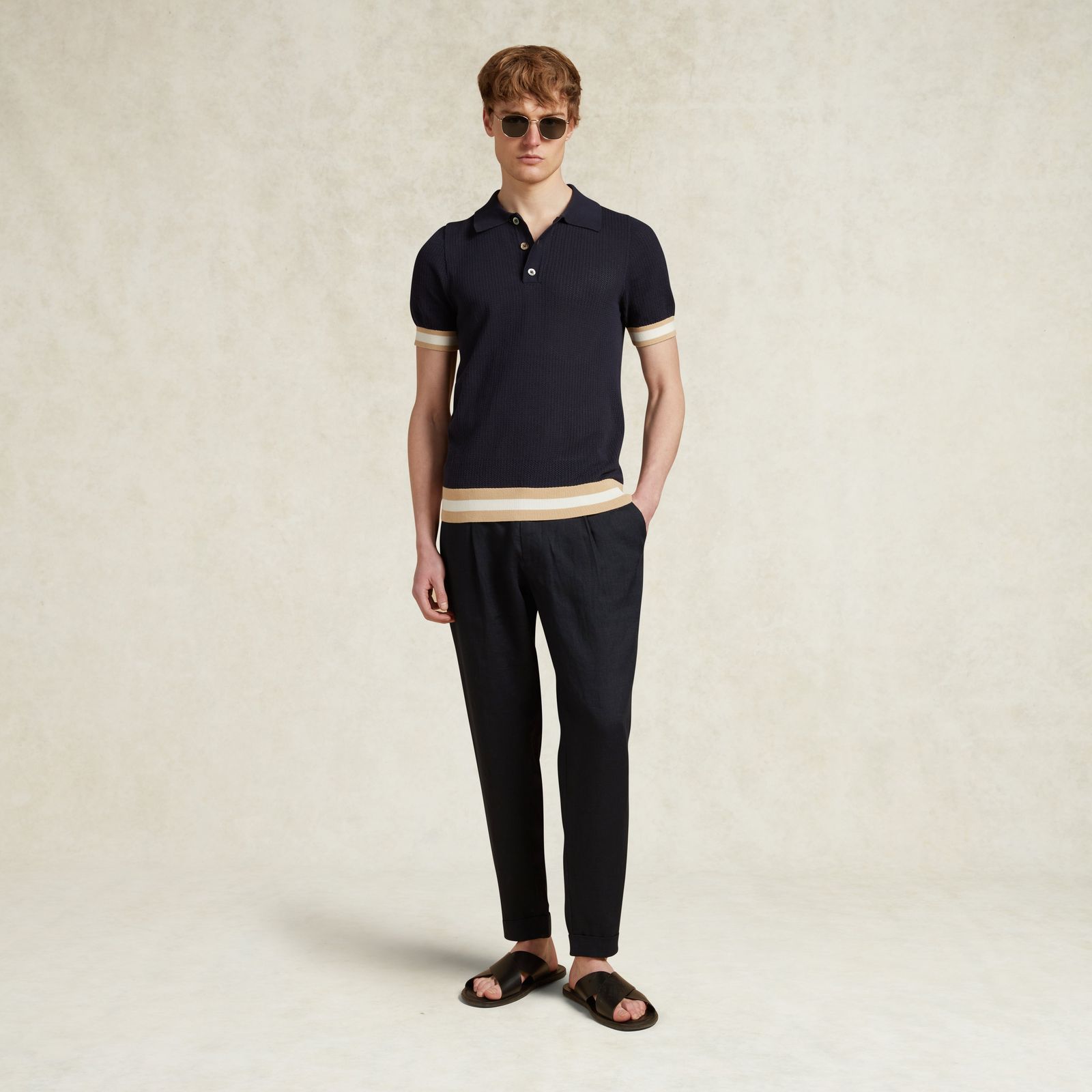 Cotton Open Knit Quinn Polo - Navy / Beige