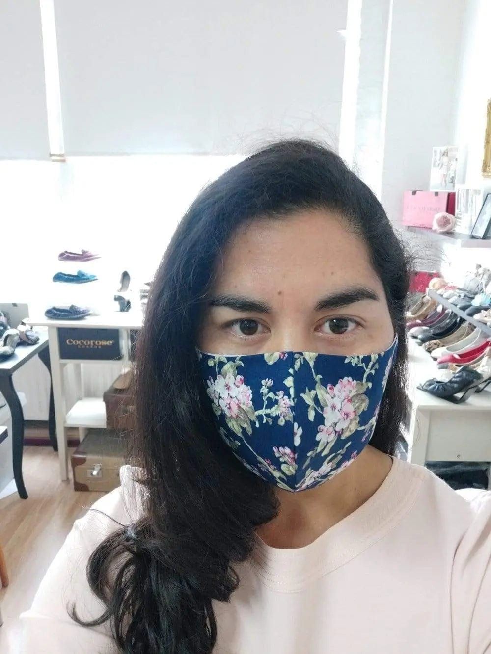 Cotton Face Mask with Filter Pocket and Matching Pouch - Floral Print Navy