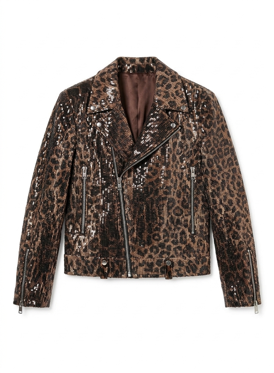 Brown Leopard Print Sequin Biker Jacket