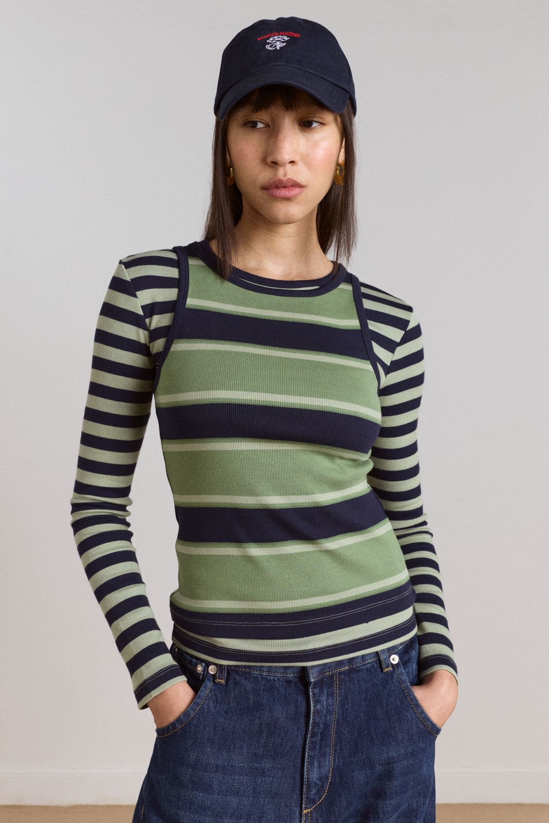 Manon Layered 2 In 1 Top - Green Stripe