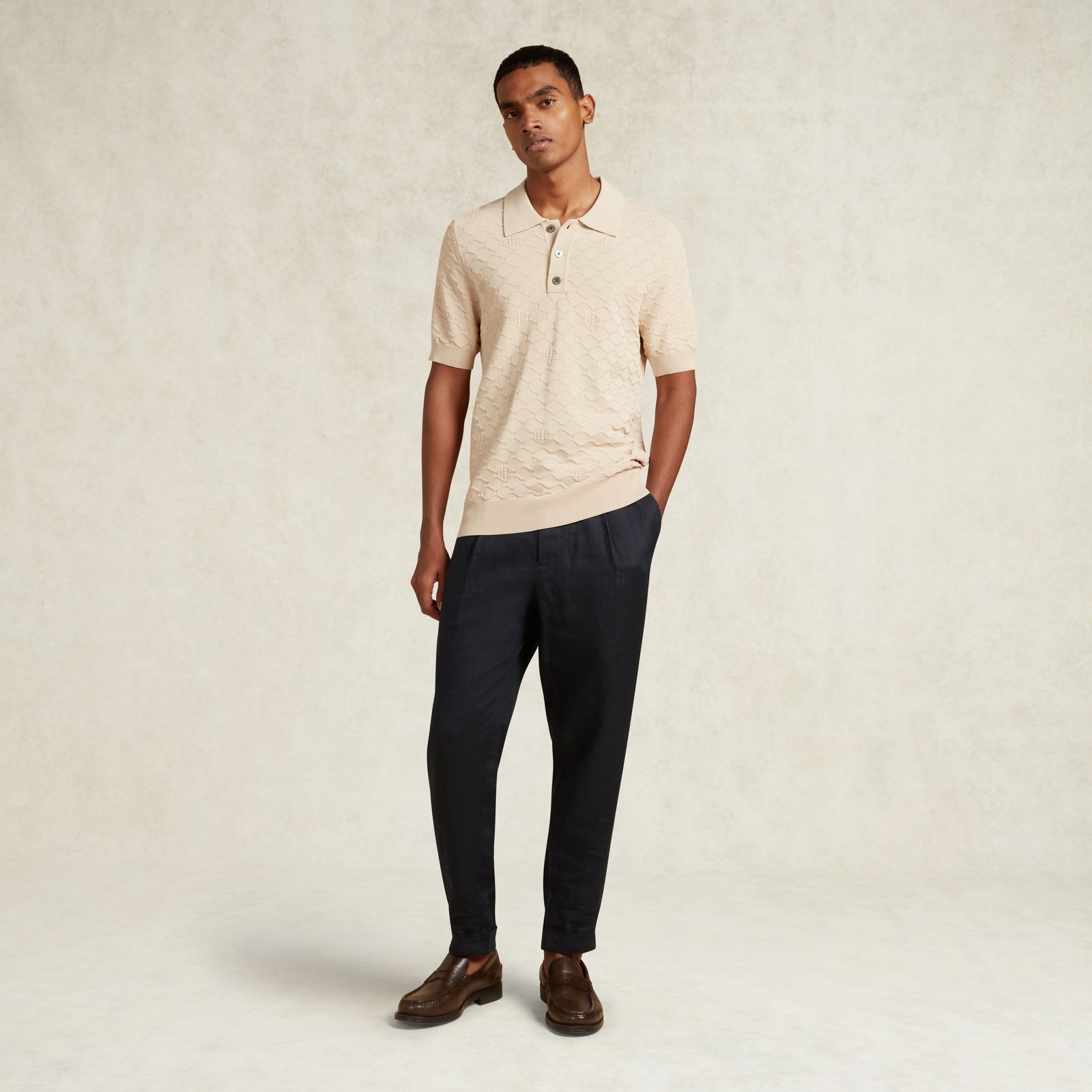 DEIRA GEO KNITTED COTTON POLO - BUTTERMILK