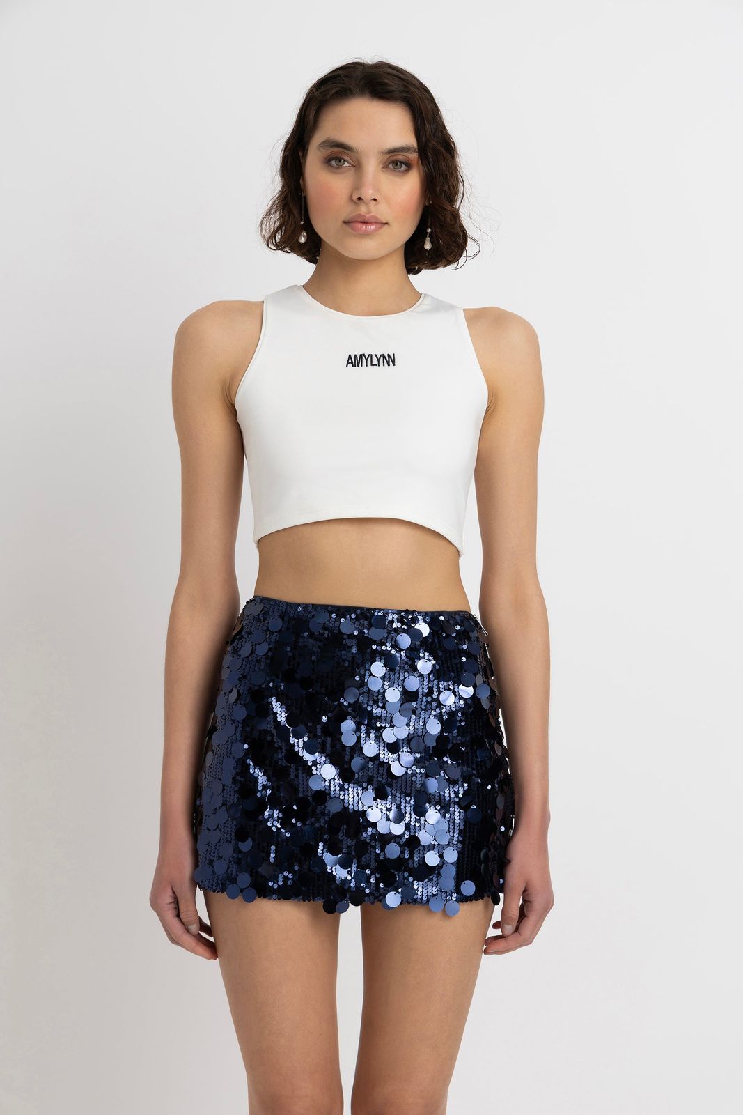 Oceane Navy Disc Sequin Mini Skirt