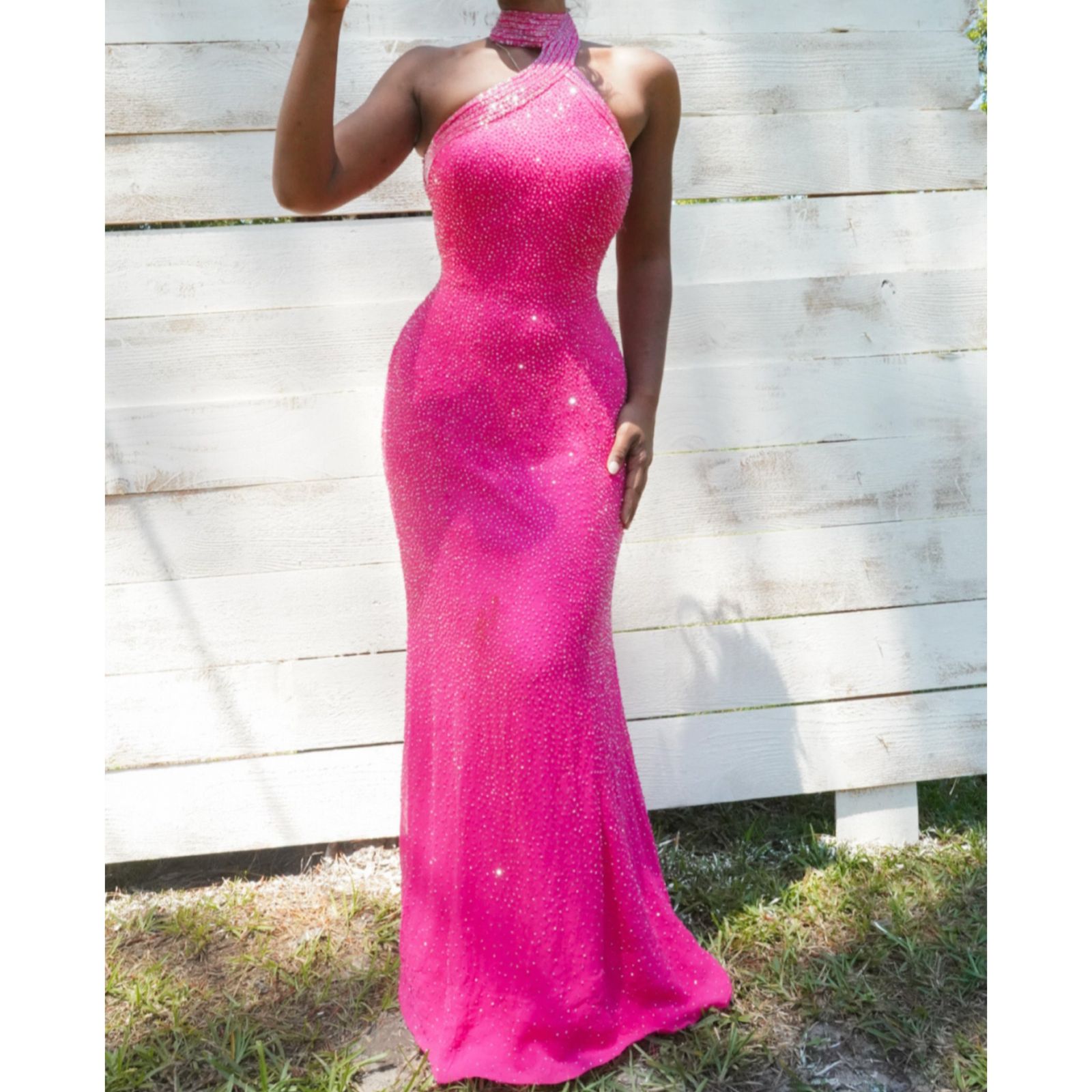 Bright Pink Beaded Silk Asymmetrical Neckline Gown