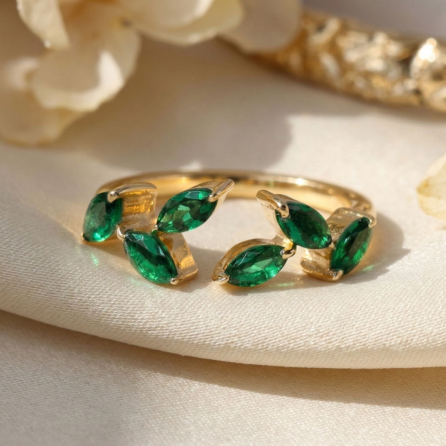 Open Leaf  May Birthstone Gold Vermeil Ring | Emerald Gemstone