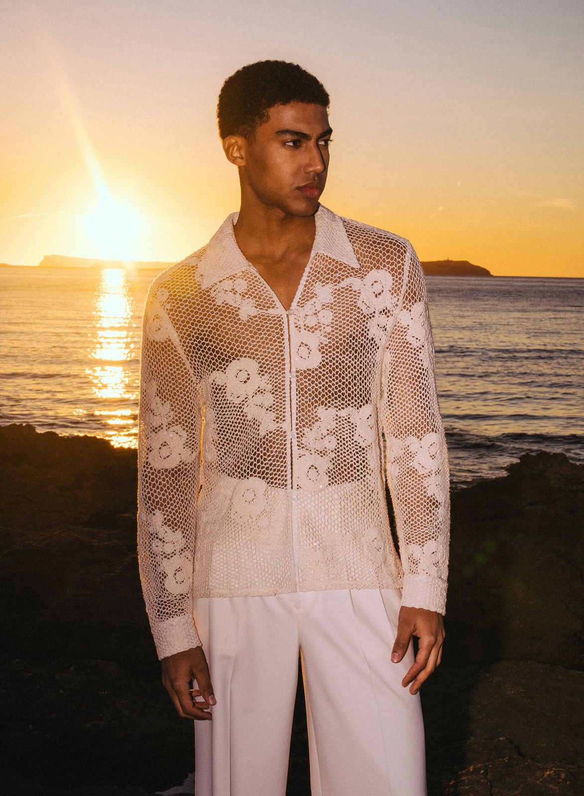 Off-white Long Sleeve Floral Sequin Crochet Shirt