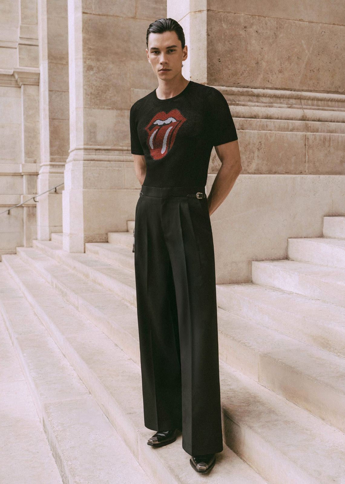 Black Wool Western Side Buckle Flare Trouser