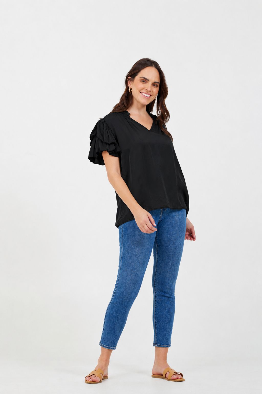 Pierce Satin Frill Sleeve Tee
