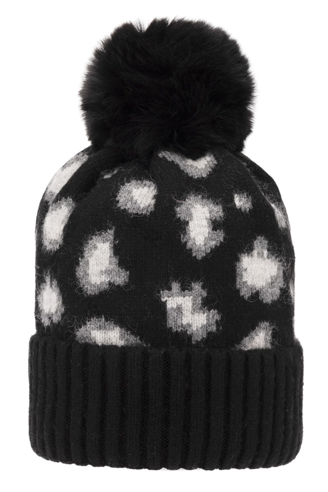 Super Soft Chunky Cashmere Hat with Pom Pom in Black Leopard
