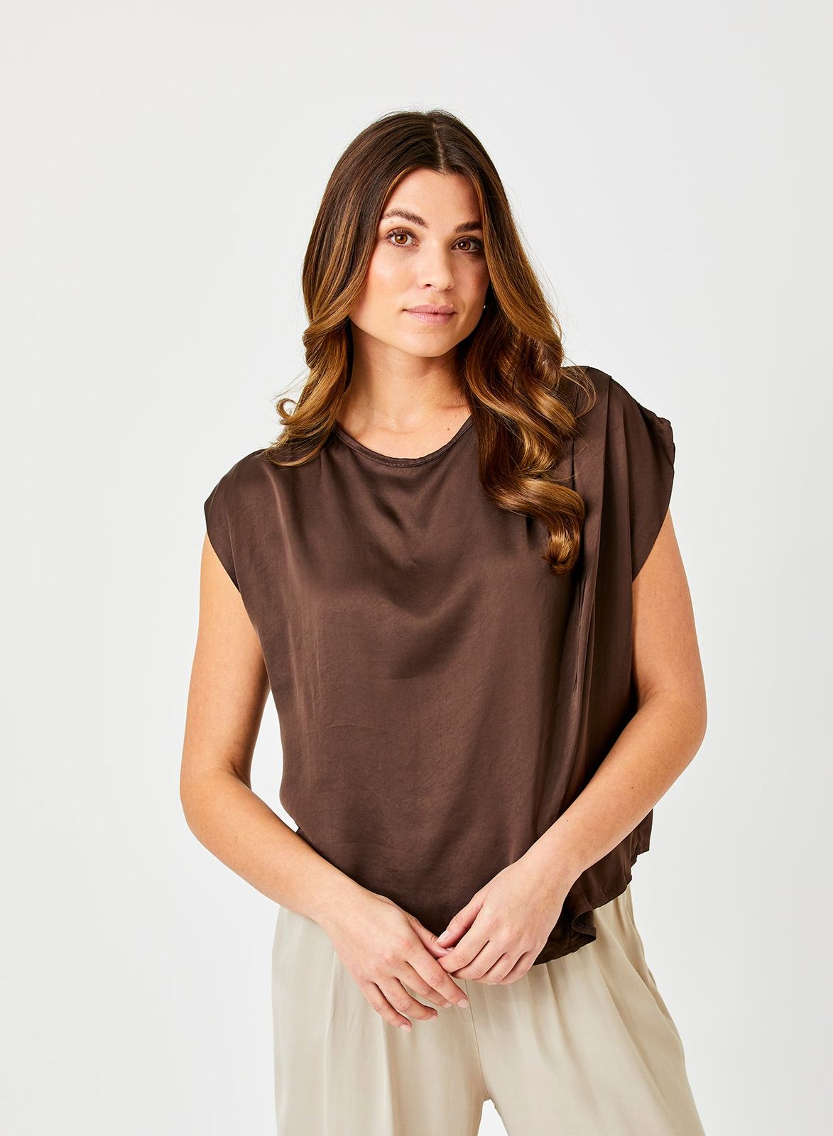 Gabon Satin Sleeveless Top With Pleat Detailing