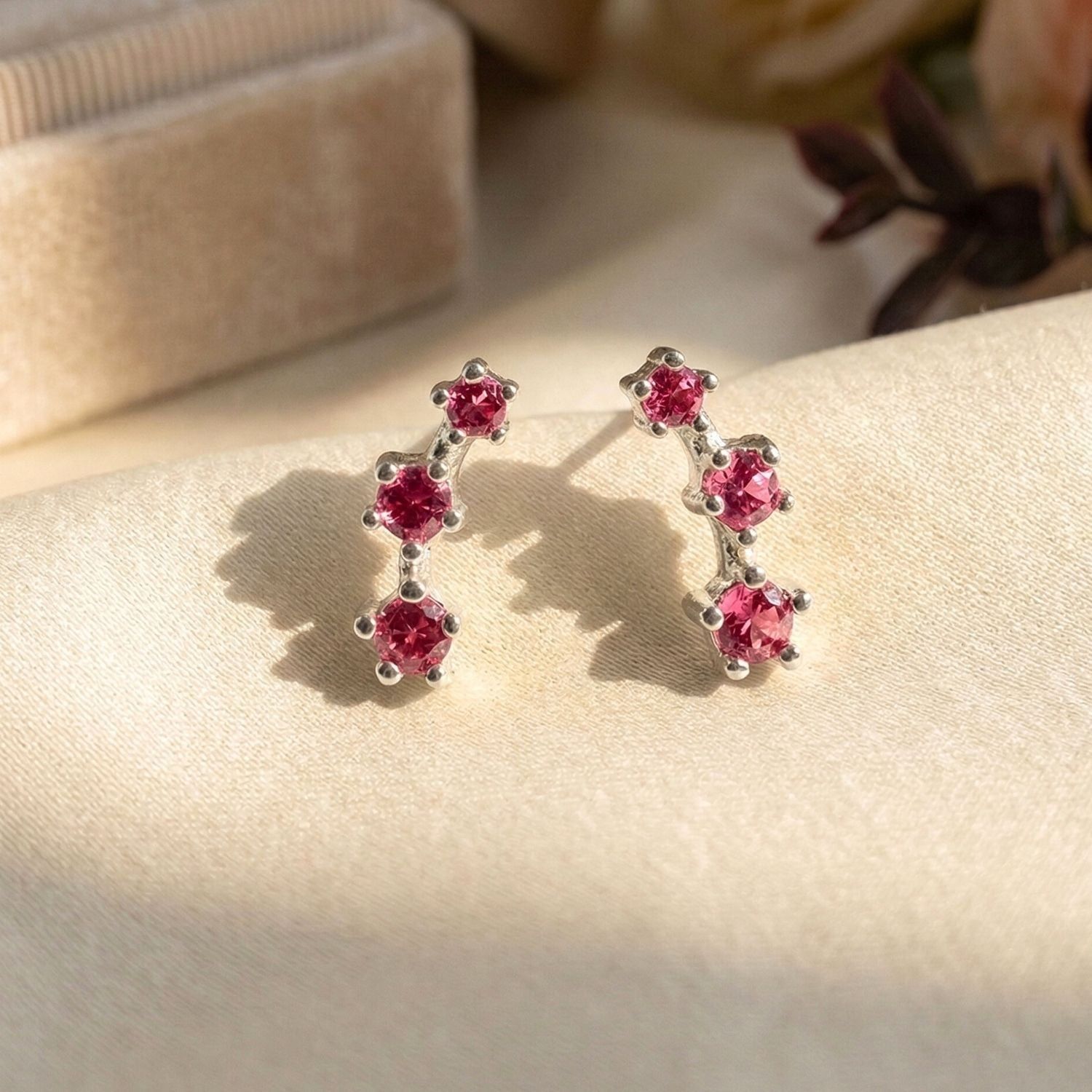 Minimalist Ruby July Birthstone Climber Silver Earrings