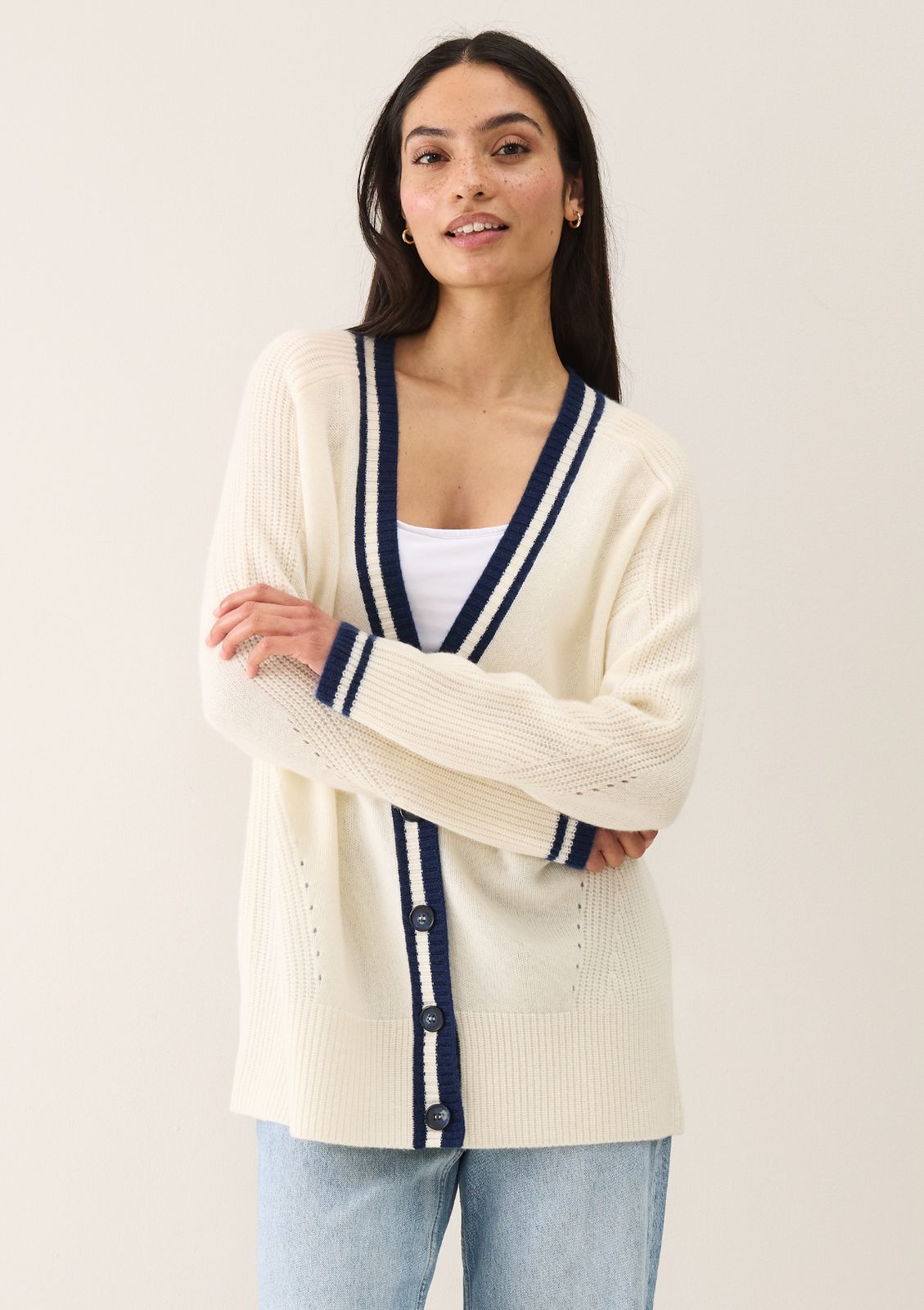 Striped Tipped V Neck Lofty Cardigan in Snow White