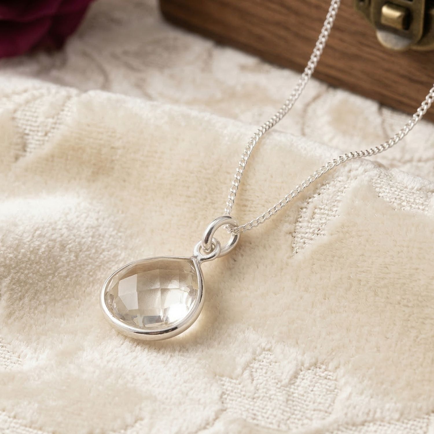 White Topaz Charm April Birthstone Sterling Silver Necklace