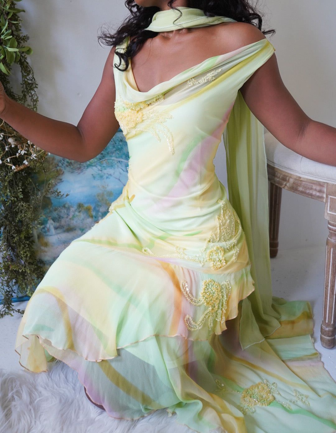 Y2K Pastel Watercolor Beaded Silk Dress