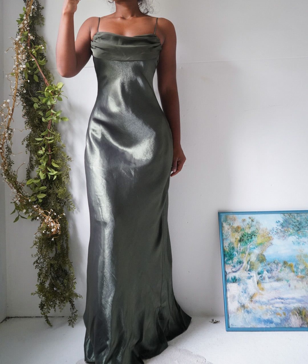 Y2K Olive Satin Iridescent Gown