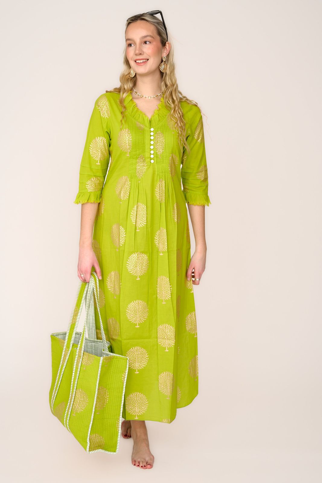 Large Cotton Tote Bag In Lime & Gold
