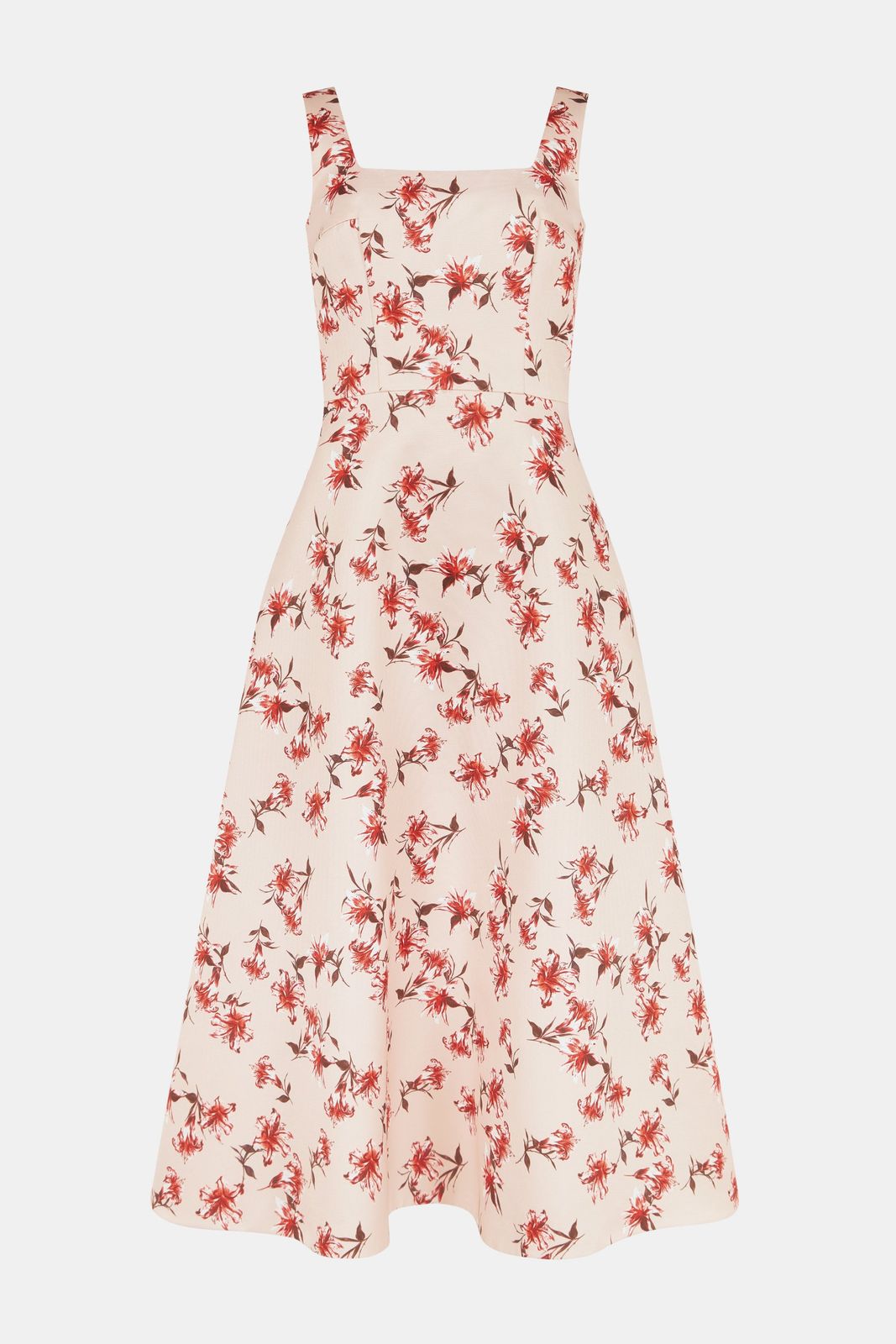 Shiloh Dress In Red Summer Lillies On Pink Taffeta Faille
