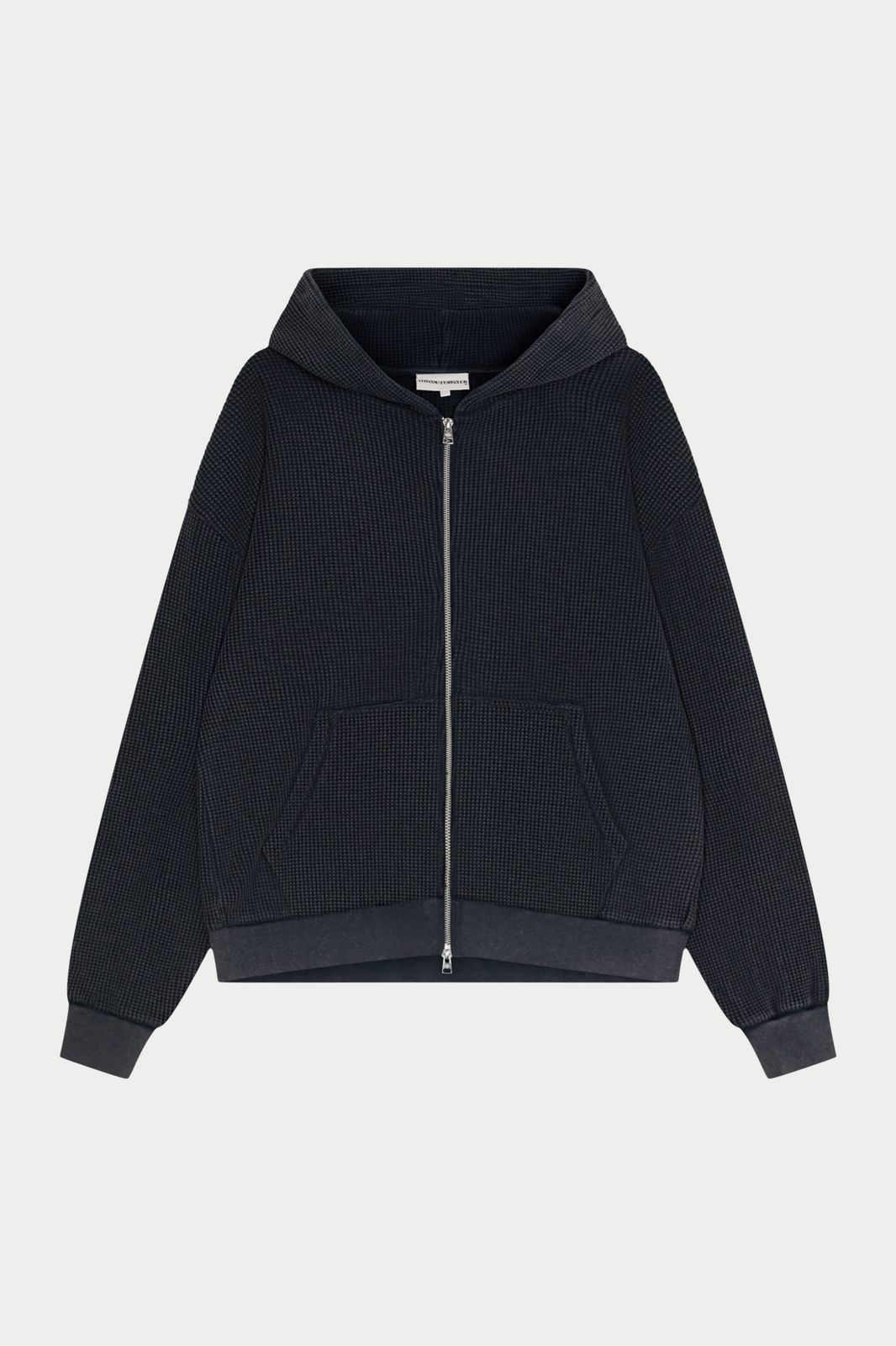 WAFFLE ZIP THROUGH HOODIE - BLACK