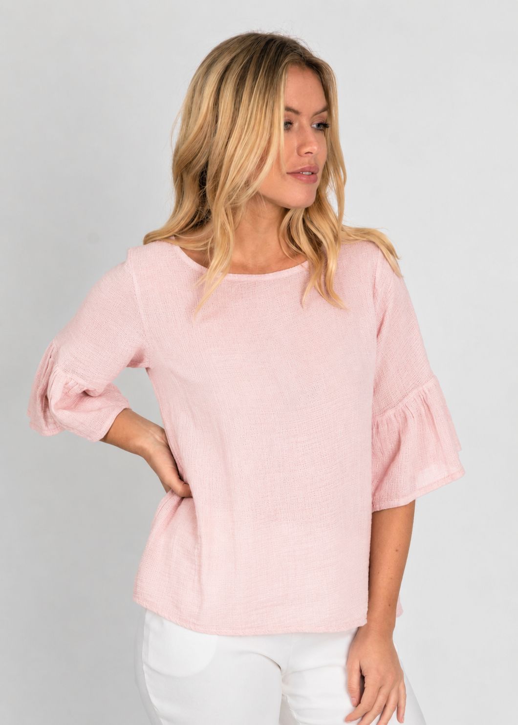 Soft Frill Sleeve Cotton Linen Mix Top