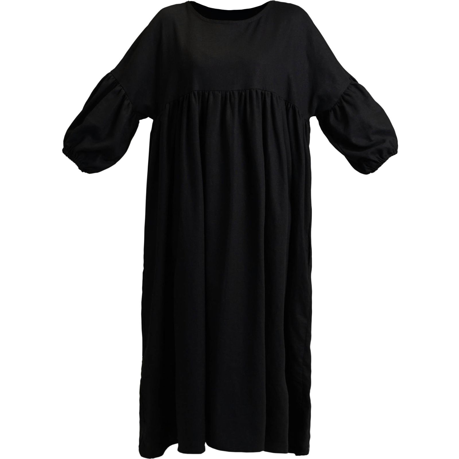 Gathered Relaxed Dress With 3/4 Sleeves | Rosie Black Linen Blend Dress