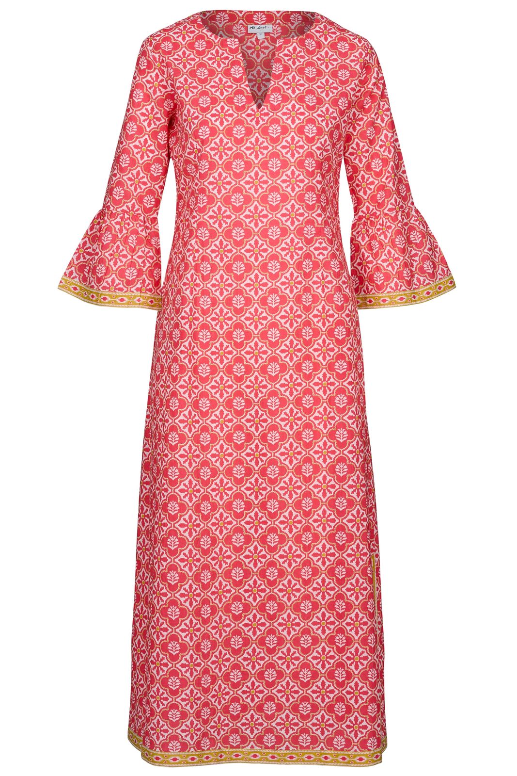 Cotton Belle Kaftan Dress In Coral & White Flower