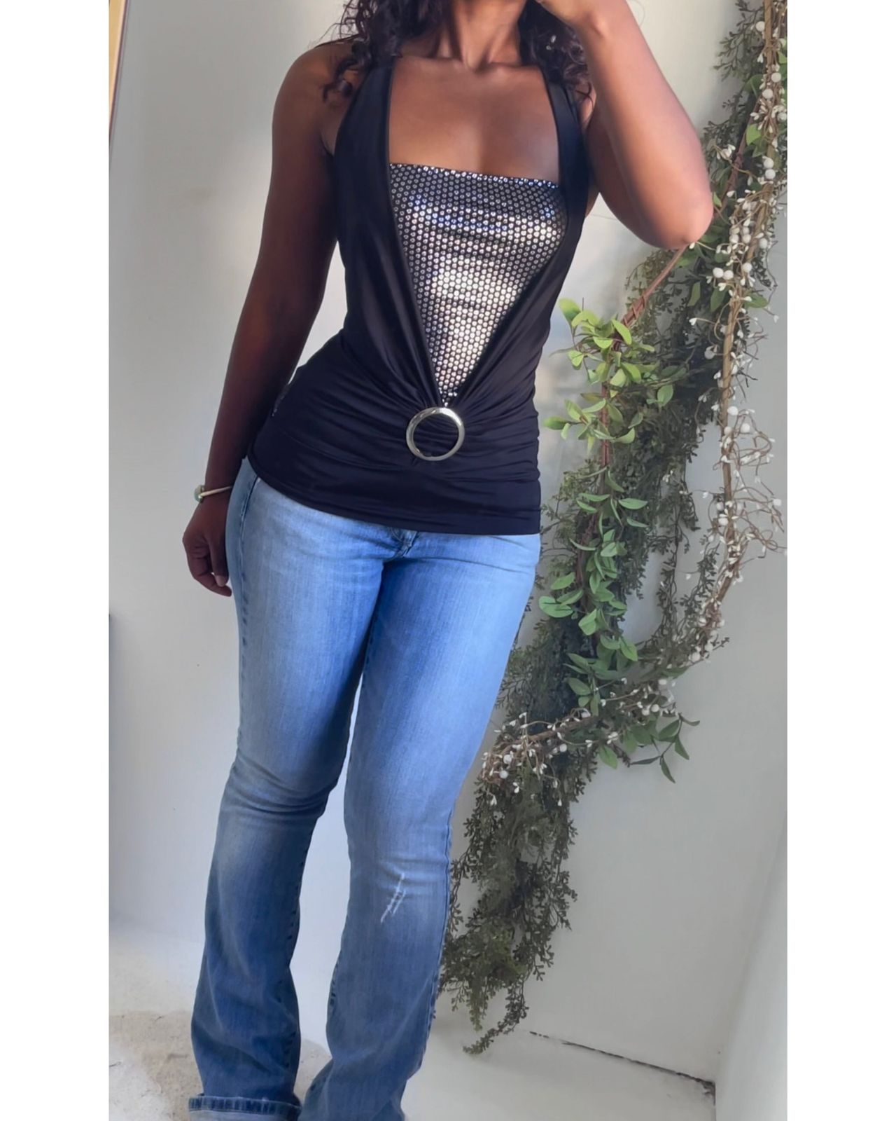 Y2K Layered Halter Buckle Detail Top