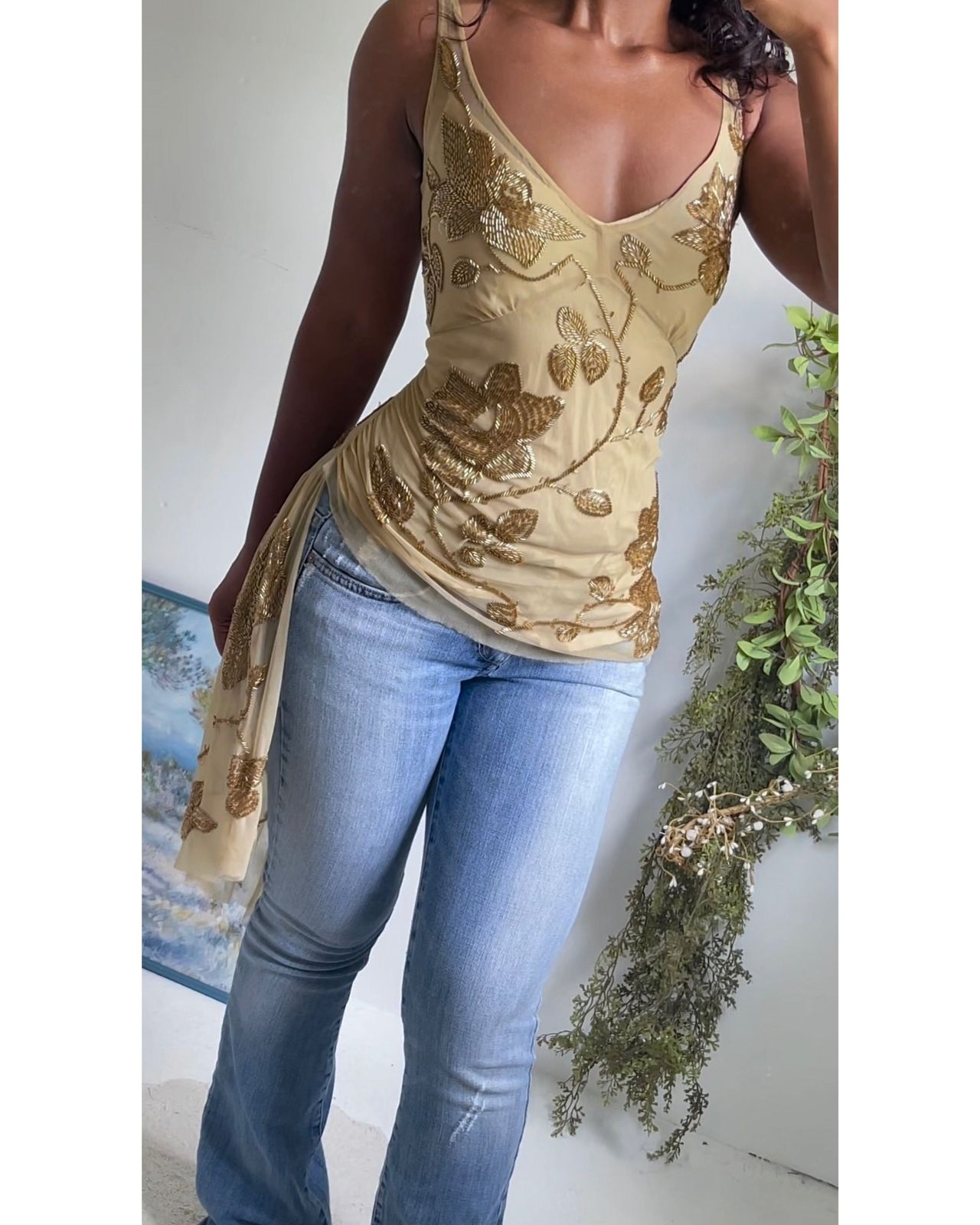 Rare Y2K Gold Beaded Silk Top