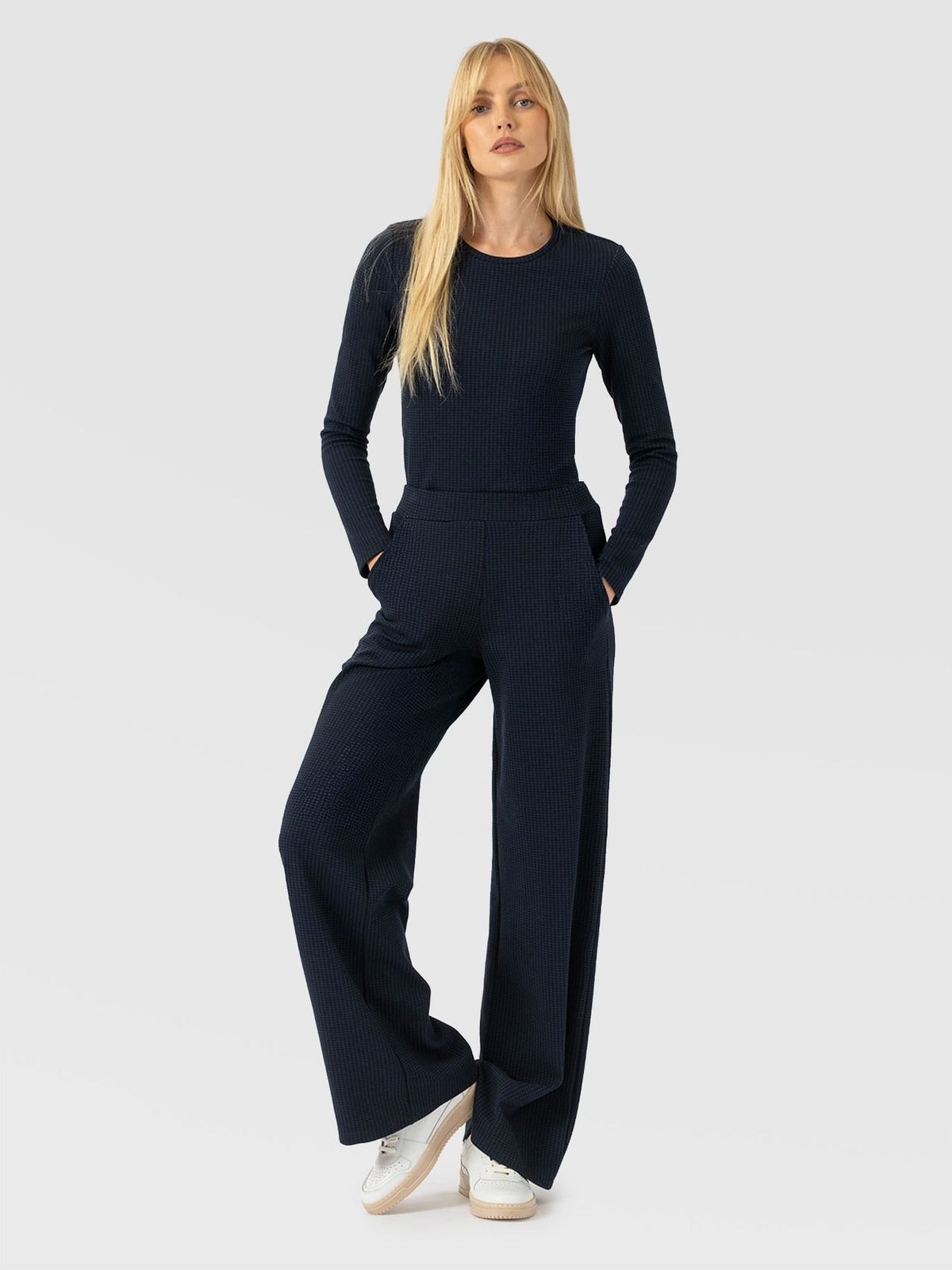Keller Wide Leg Pant - Navy Mini Houndstooth