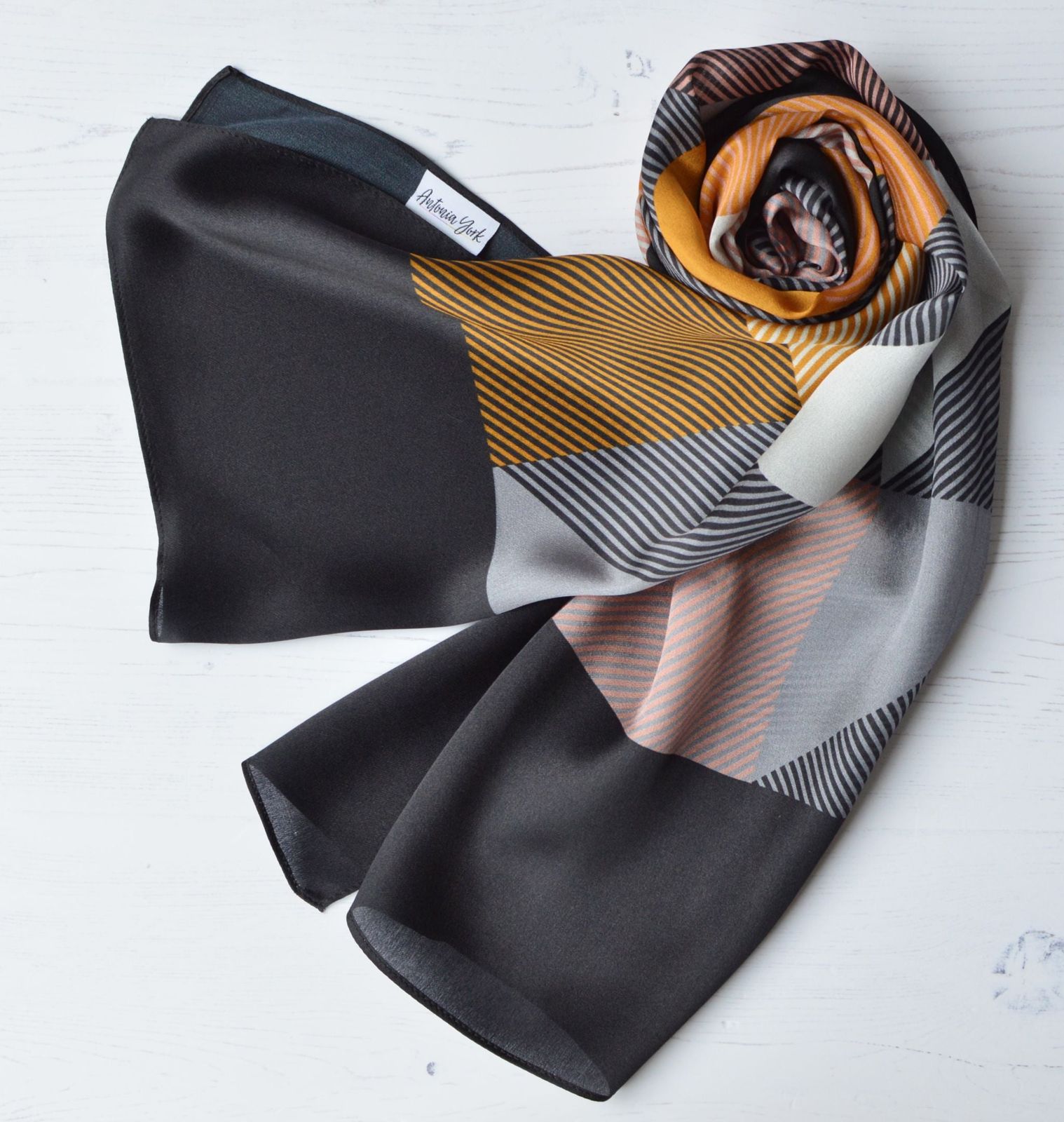 Aria | Silk Charmeuse Scarf - Mustard & Black Block Pinstripe