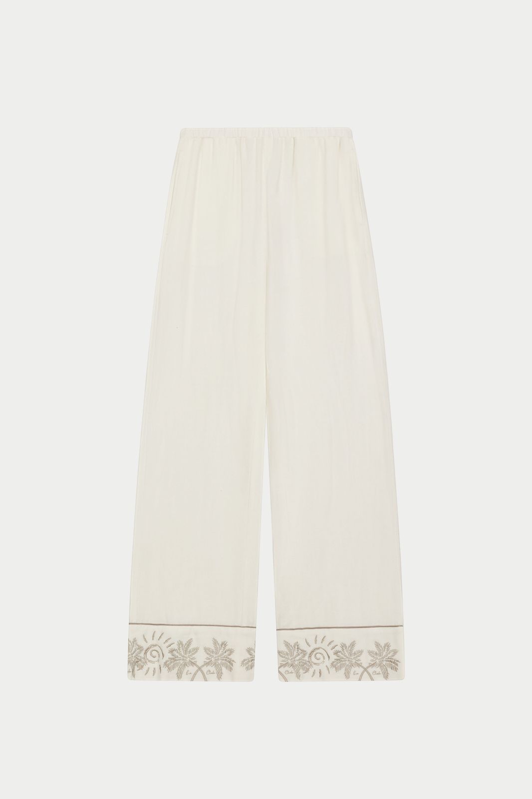 PALM EMBROIDERED WIDE LEG TROUSERS - OFF WHITE