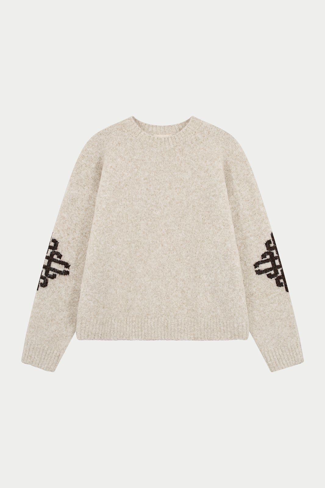 BRUSHED EMBLEM SLEEVE KNITTED CREW - BEIGE