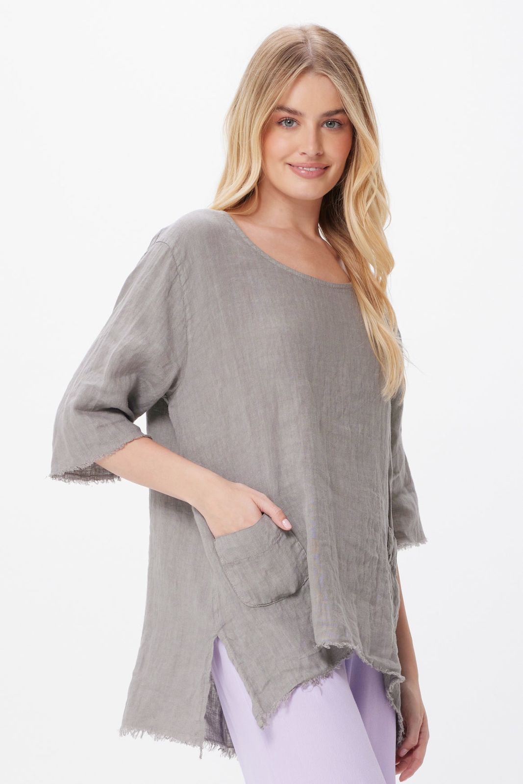 Selah Linen Hi Lo Fringe Tunic With Front Pockets