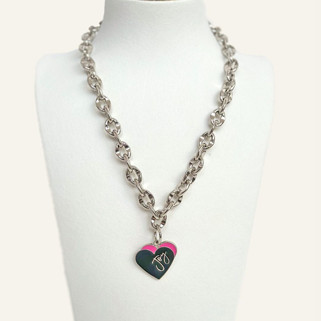 Padlock Chain Necklace | Pink Heart with Silver hardware