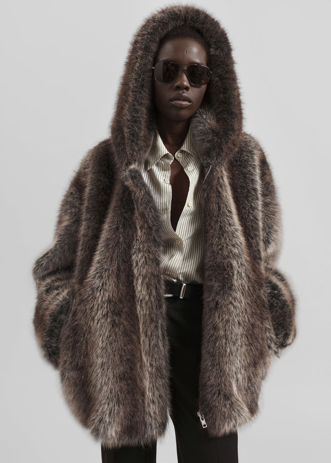 Emma Faux Fur Hooded Jacket - Brown Melange
