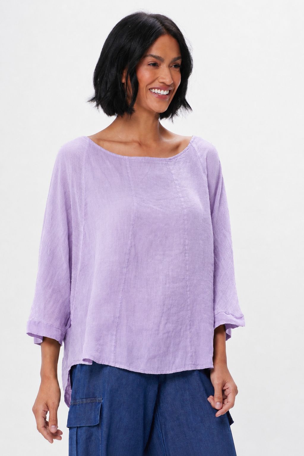 Sonny Linen Batwing Top With Sheer Sleeves