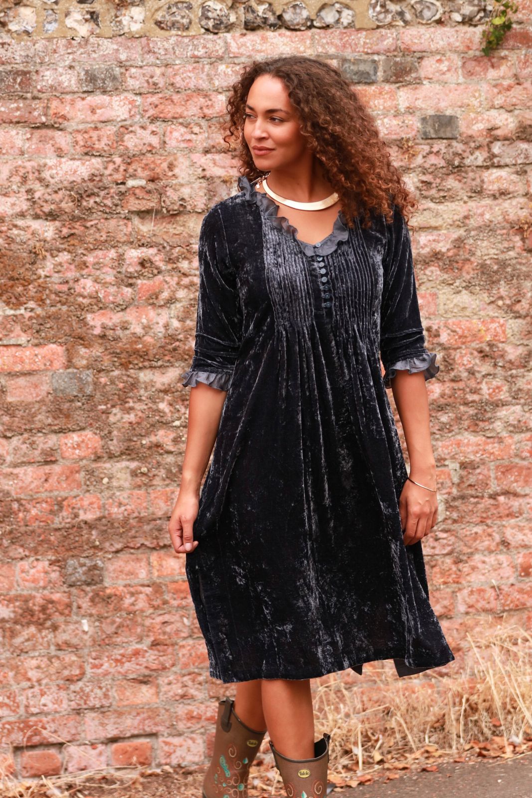 Silk Velvet Karen Dress in French Grey