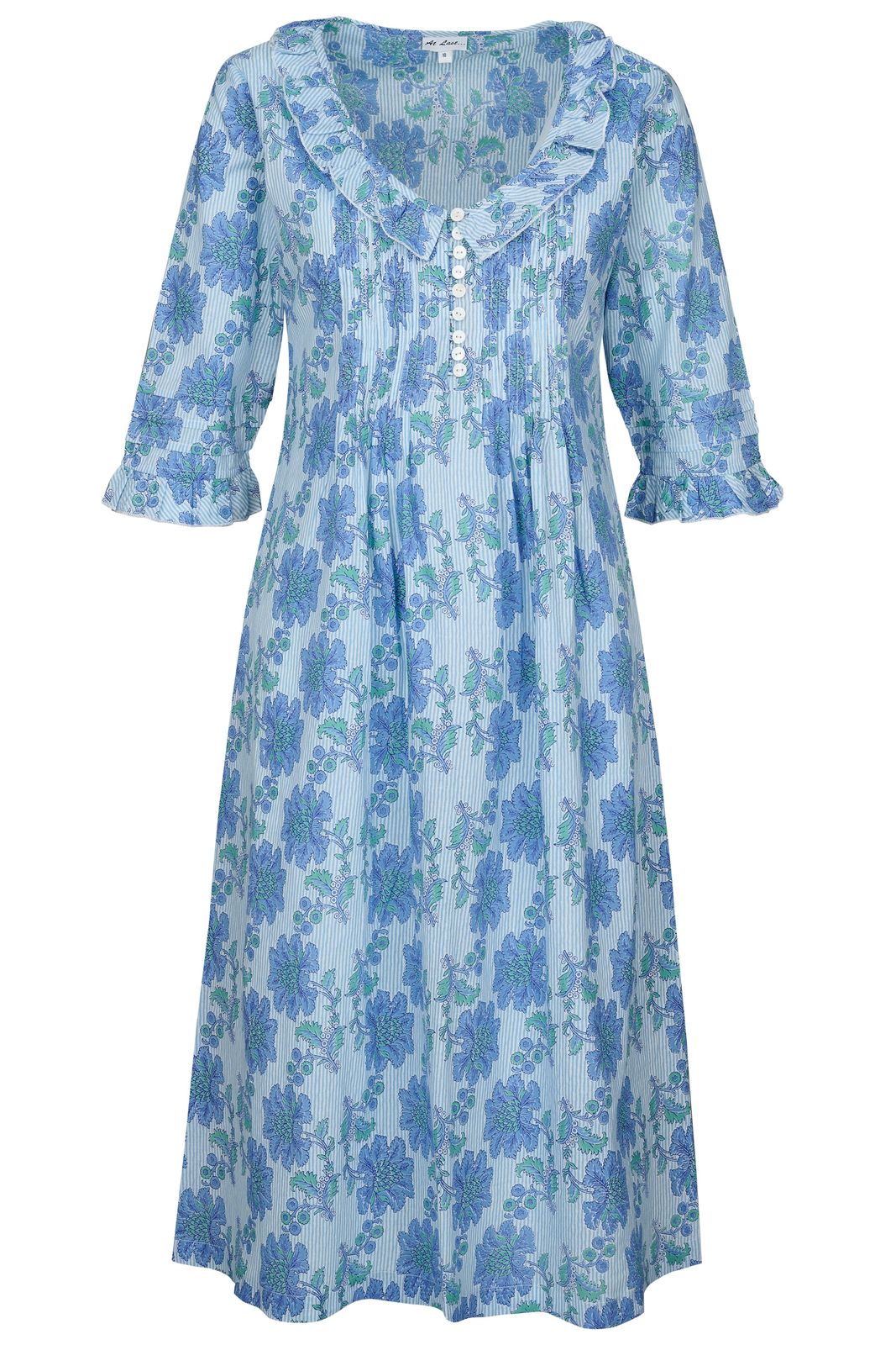 Cotton Karen 3/4 Sleeve Day Dress In Blue Pinstripe