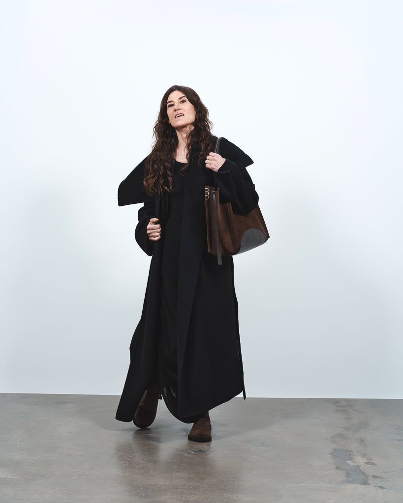 WOMENS LONGLINE WRAP FRONT COAT IN BLACK
