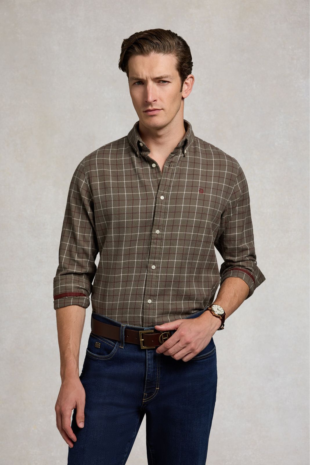 Men's Classic Fit Brushed Cotton Shirt (Ruby Khaki Check)